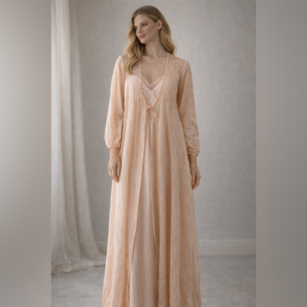 Rare Vintage Janice Young for Vanessa Silk Slip & Chemise Set Peach Size Small